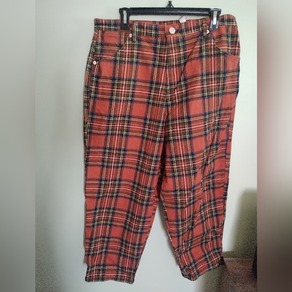 Asos High Rise Red Plaid Straight Leg Ankle Cargo Jeans